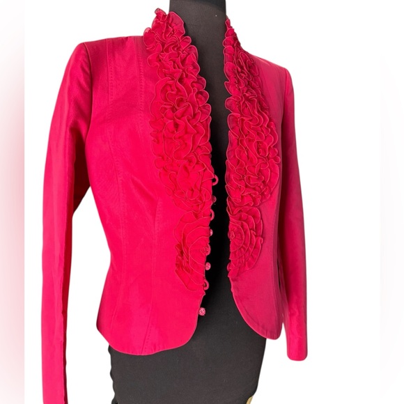 Escada Raspberry Pink Ruffle Front Blazer Silk Lined Jacket 40 US Size 10 - Picture 3 of 9